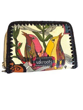 Sakroots Peace Birds Wallet Coated Canvas Zip Around Card Slots & ID Window Sak